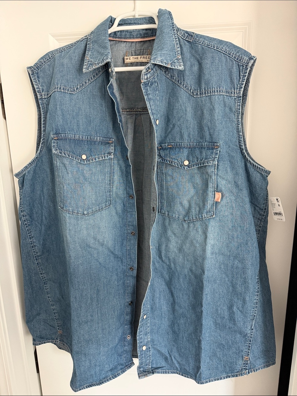 We The Free Light Blue Denim Sleeveless Button-Up Vest